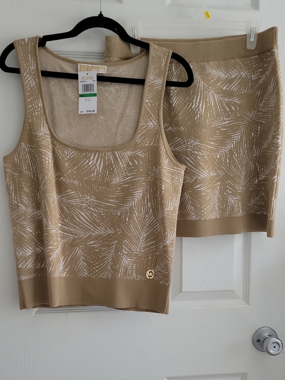 Michael Kors Sweater Knit Tank & Skirt Set L NWT Beige W Cream Leaf Print